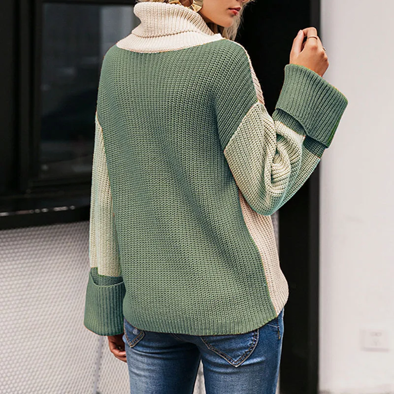 

Turtleneck Casual Patchwork Knitted Thick Sweater Jumper Women Pullover Streetwear Female Elegant High Street Female Knitwear