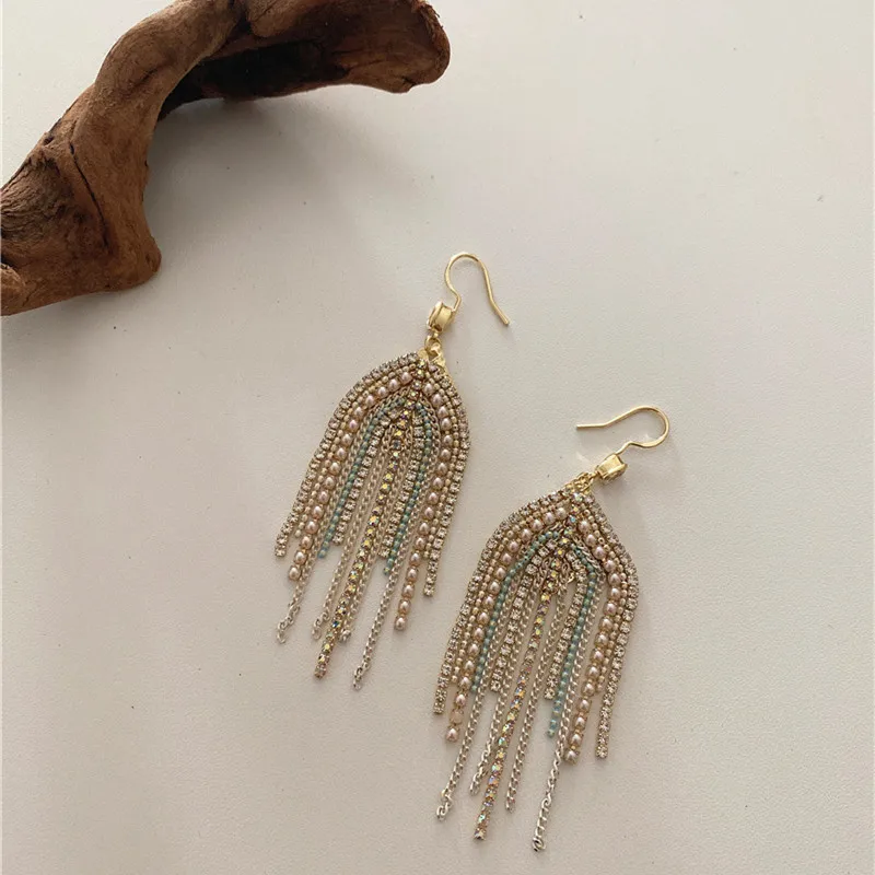 

Minar Handmade Bohemia Multicolor Rhinestone Tassel Earrings for Women Girls Shiny Rhinestone Beading Long Drop Earring Jewelry