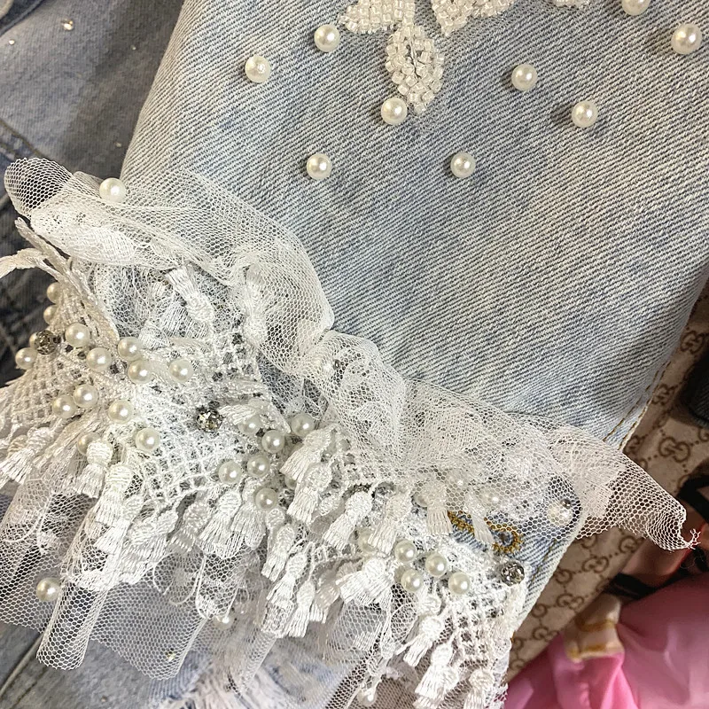 

Fashion Beading Lace Ruffles Short Denim Coat Women High Street Autumn New Long Sleeve Light Bule Jean Jacket Female S-L