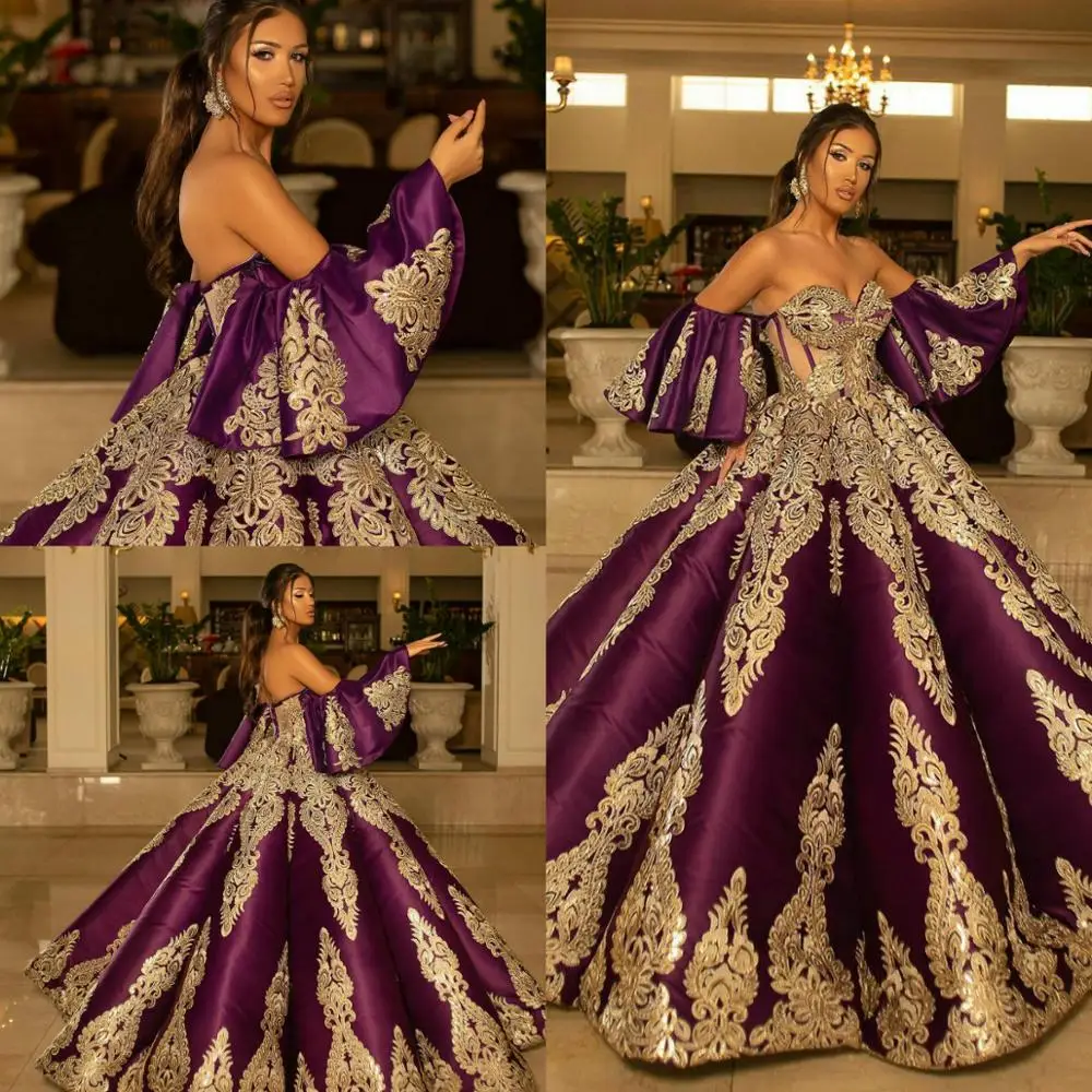 

Винтажное Пышное Бальное Платье, пышные платья с расклешенными рукавами, Саудовской Аравии, арабское, с открытыми плечами, Золотое кружево, ...