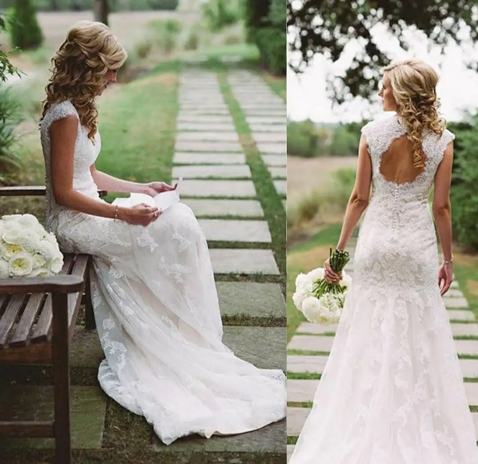 Purchase Vintage Sweetheart Long Mermaid Lace Wedding Dresses with Sleeves Sweep Train Corset Back Brautkleider Bridal Gown for Women