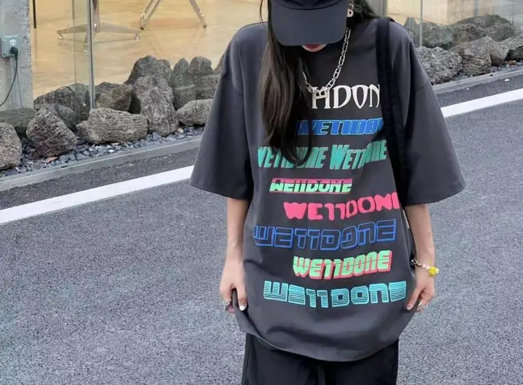 

2022 WE11DONE ранняя Осенняя мировая ограниченная Яркая Цветная неоновая печать свободная футболка с коротким рукавом Welldone TX369
