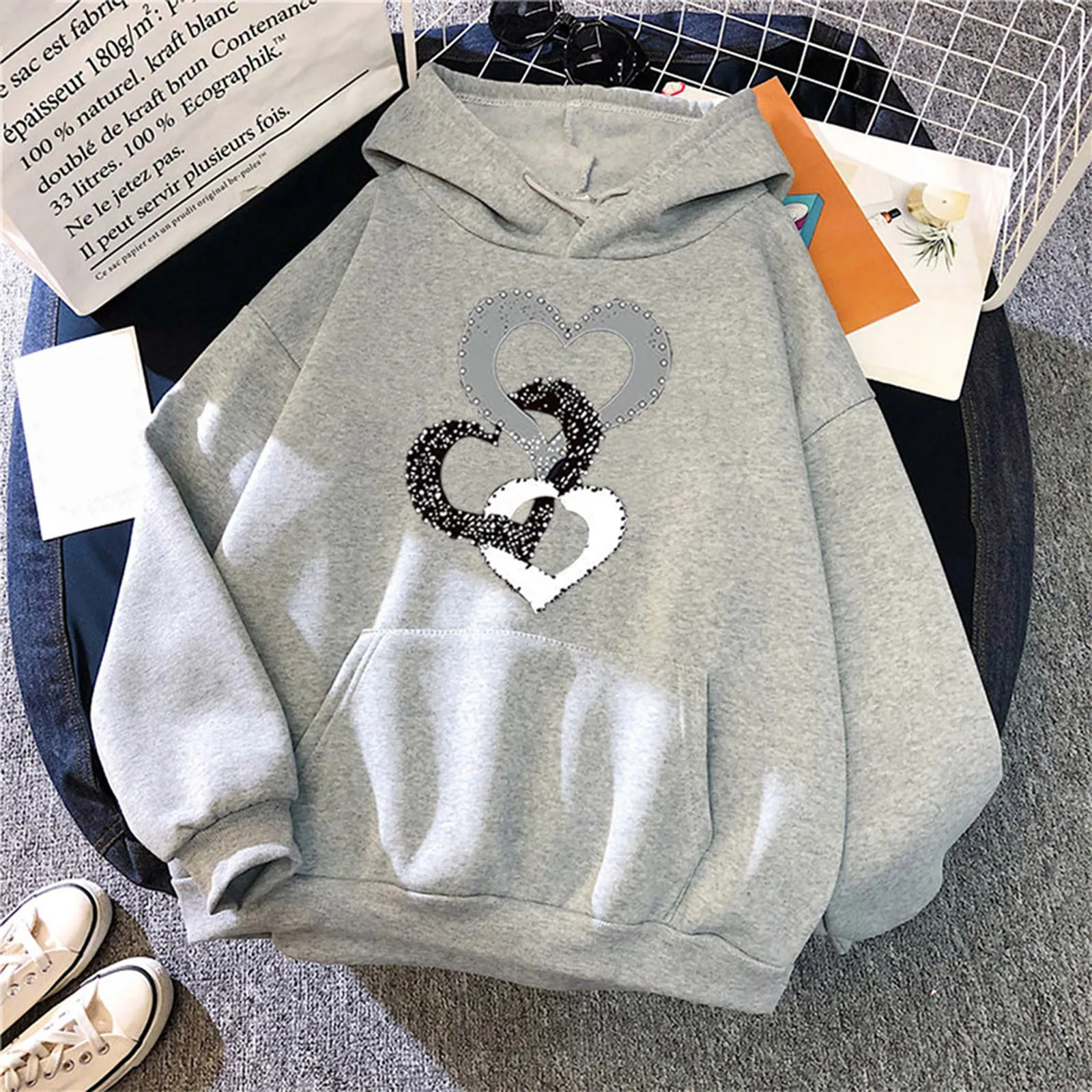 2021 Hoodies Women's Fashion New Stitching Hearts Print Long-Sleeve Hooded Sweatshirt Tops Fashion Sweatshirt женское платье