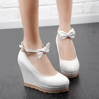 agodor white wedges shoes for women high heels platform pumps spring round toe wedge heels ankle strap bow womens shoes pink