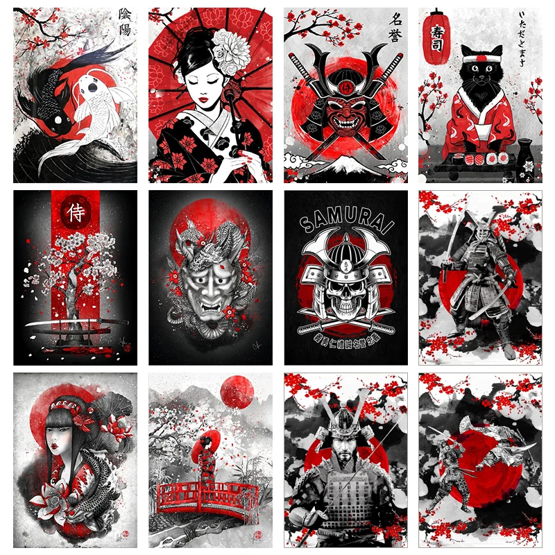 Японский самурайский Холст Картина гейши и Инь Ян рыбы настенные художественные