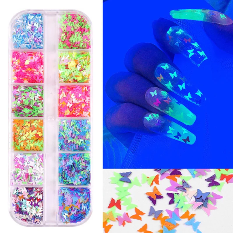 

3PCS Fluorescence Butterfly Maple Leaf Various Shapes Nail Art Glitter Flakes 3D Colourful Sequins Polish Manicure Decoration