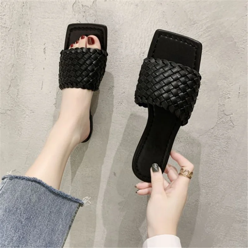 

New Weave Intrecciato Flats Sandals Slippers Women Brown black Square peep toe Summer Mules Slides Outdoors Flat Beach Shoes