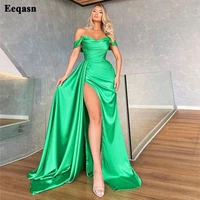 eeqasn bright green mermaid satin evening dresses long slit fashion prom gowns side train off shoulder plus size formal dress
