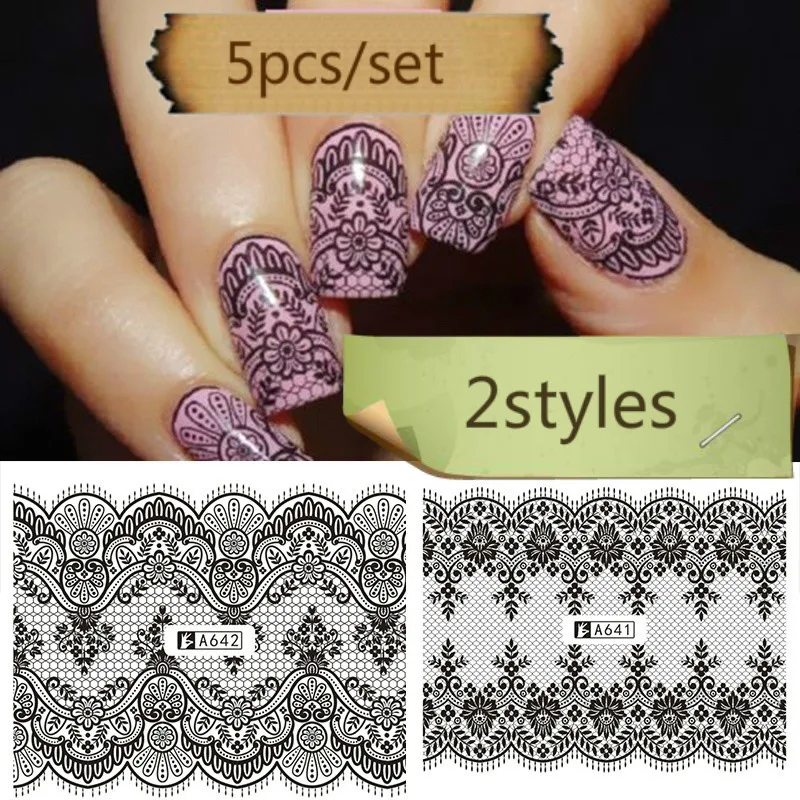 5 шт./компл. Водные Наклейки для дизайна ногтей Переводные черные кружевные розы