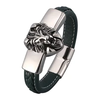 green leather bracelet men hip hop leo lion head stainless steel magnetic buckle rock punk bangles fashion party jewelry sp0823