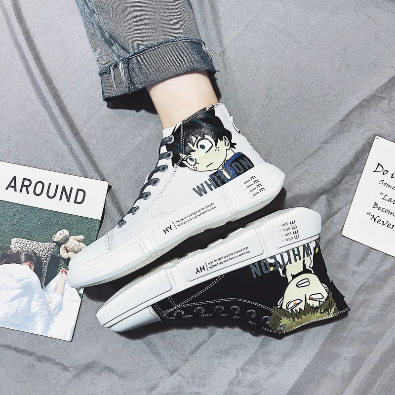 

Black Fashion Print Platform High Top Casual Sneakers for Men Skateboard Sport Anime Sneakers Breathable Men's Canvas Sneakers