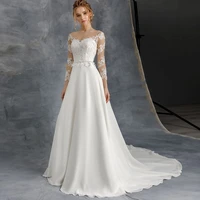 first class material 34 sleeves wedding dress scoop neck lace applique vestido de noiva chiffon bridal dresses
