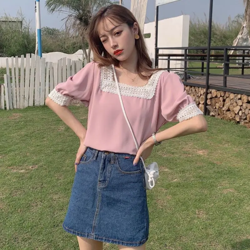 

Summer Women Sweet Blouse Square Neck Tops Chiffon Blouse 2020 Female Short Sleeve Retro Lace Tops