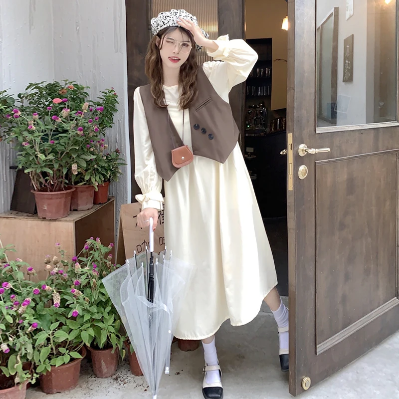 

Women Dress Sets 2021 Autumn New Gentle Button Design Vest and Solid Color Elegant O Neck Solid Color Long Dresses for Women