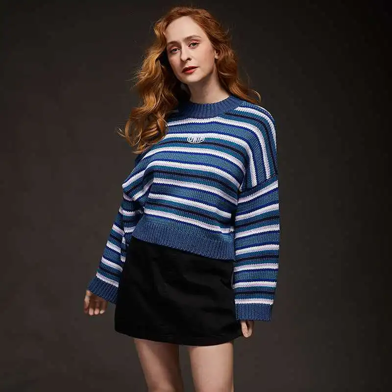 2020 spring new sweater women's top classic blue Vintage stripe wide sleeve embroidery round neck | Женская одежда