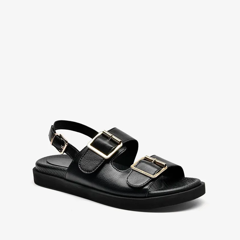 

2021 Sandals Women Leather Metal Detailed Ankle Buckle Strap Summer Beach Ladies Low Heel Shoes Handmade