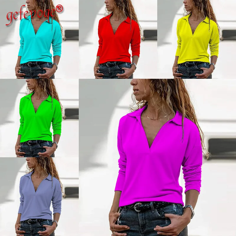 

Женская Однотонная футболка с отложным воротником и принтом, простые универсальные Белые Повседневные винтажные Топы с длинным рукавом, ос...