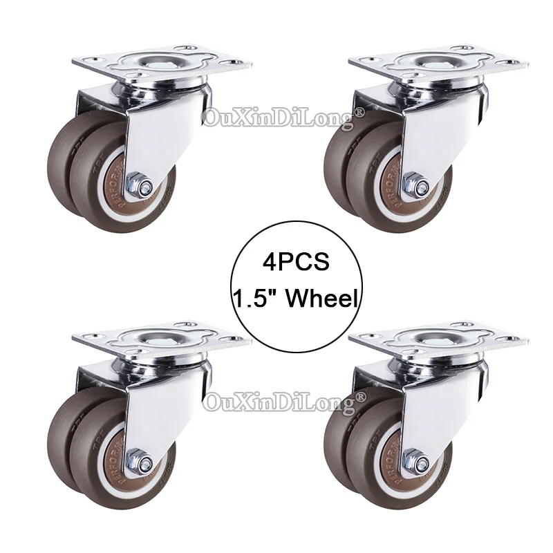 

New Arrival 4PCS 1.5Inches Heavy Swivel Double Wheels Castors Soft Rubber Super Mute Furniture Casters Load 45KG/PCS