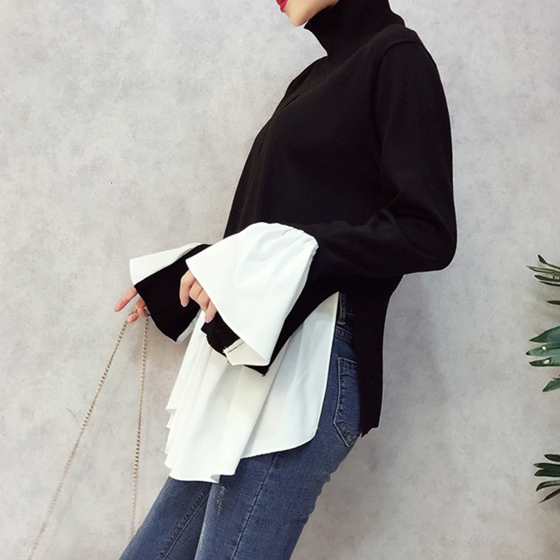 GALCAUR лоскутный необычный вязаный свитер женский Водолазка с расклешенными