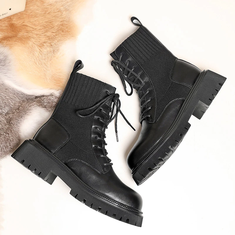 

New square heel lace-up knitted socks boots platform black women's ankle boots 2021fashion women's winter warm thick-soled boots