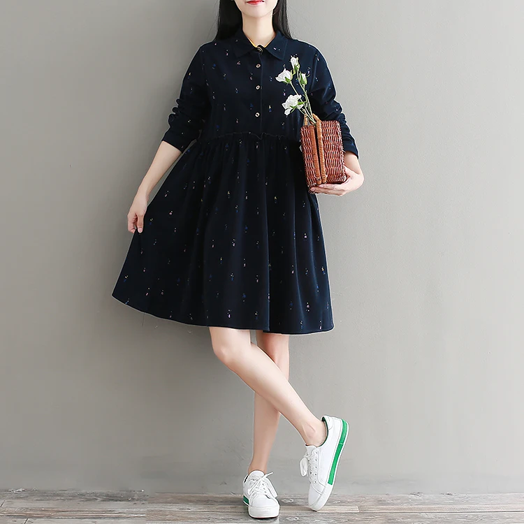

Autumn Korean Women Corduroy Dress Long Sleeve Turn-Down Collar Vintage Dress Vestidos Robe Femme Lady Dress 2XL