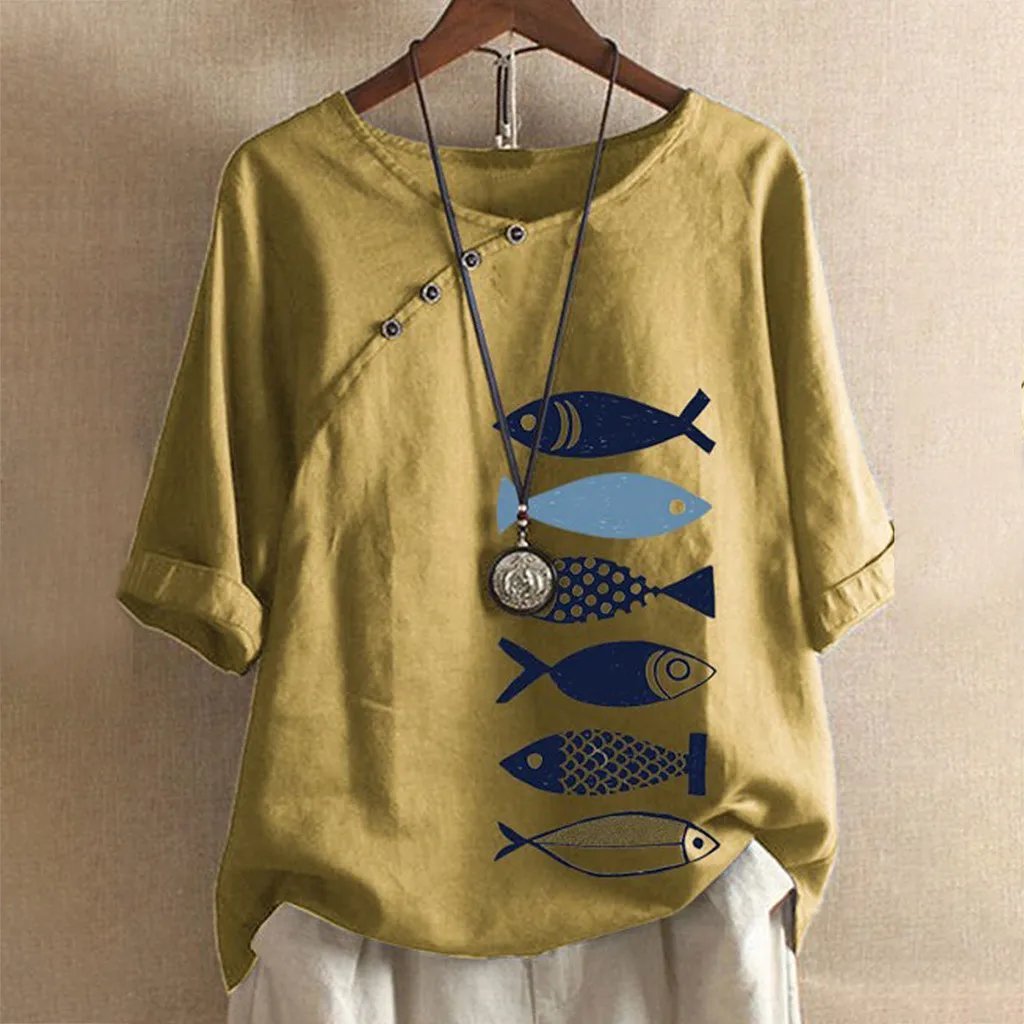 Женская футболка с круглым вырезом и принтом рыбы Повседневная Свободная