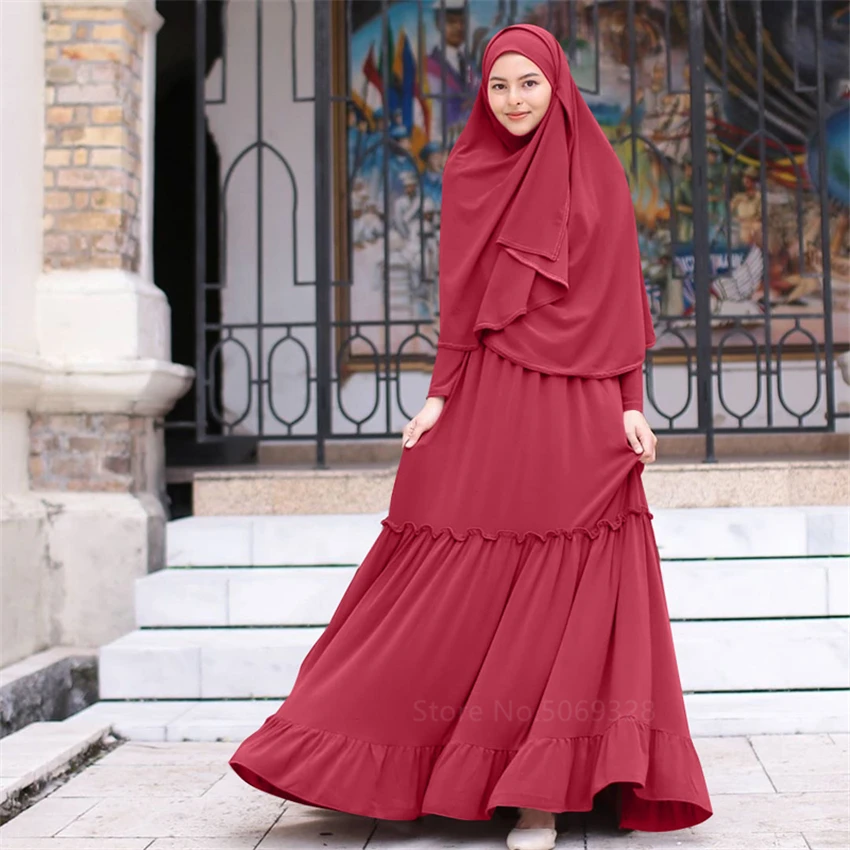 

Ramdam Muslim Abaya Dress Women Dubai Turkey Indian Islamic Solid Color Fashion Hijab Kaftan Court Ruffle Abaya Dresses Femme
