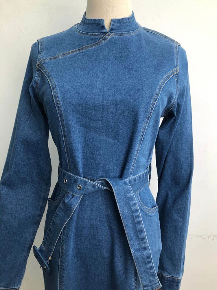 

Women Solid Belt Long Sleeve Denim Dress 2020 Autumn Winter Stand Collar Casual Bule Office Ladies Elegant Zipper Midi Dresses