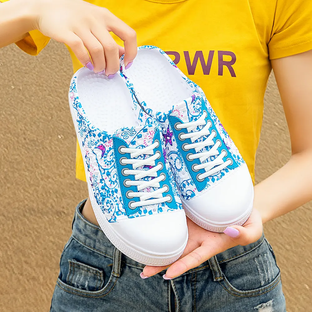 

Newbeads Women's Slip On Half Canvas Shoes Half Beach Slippers Spring Autumn Hole Shoes for Female No Heel Flats Shoes Sneakers