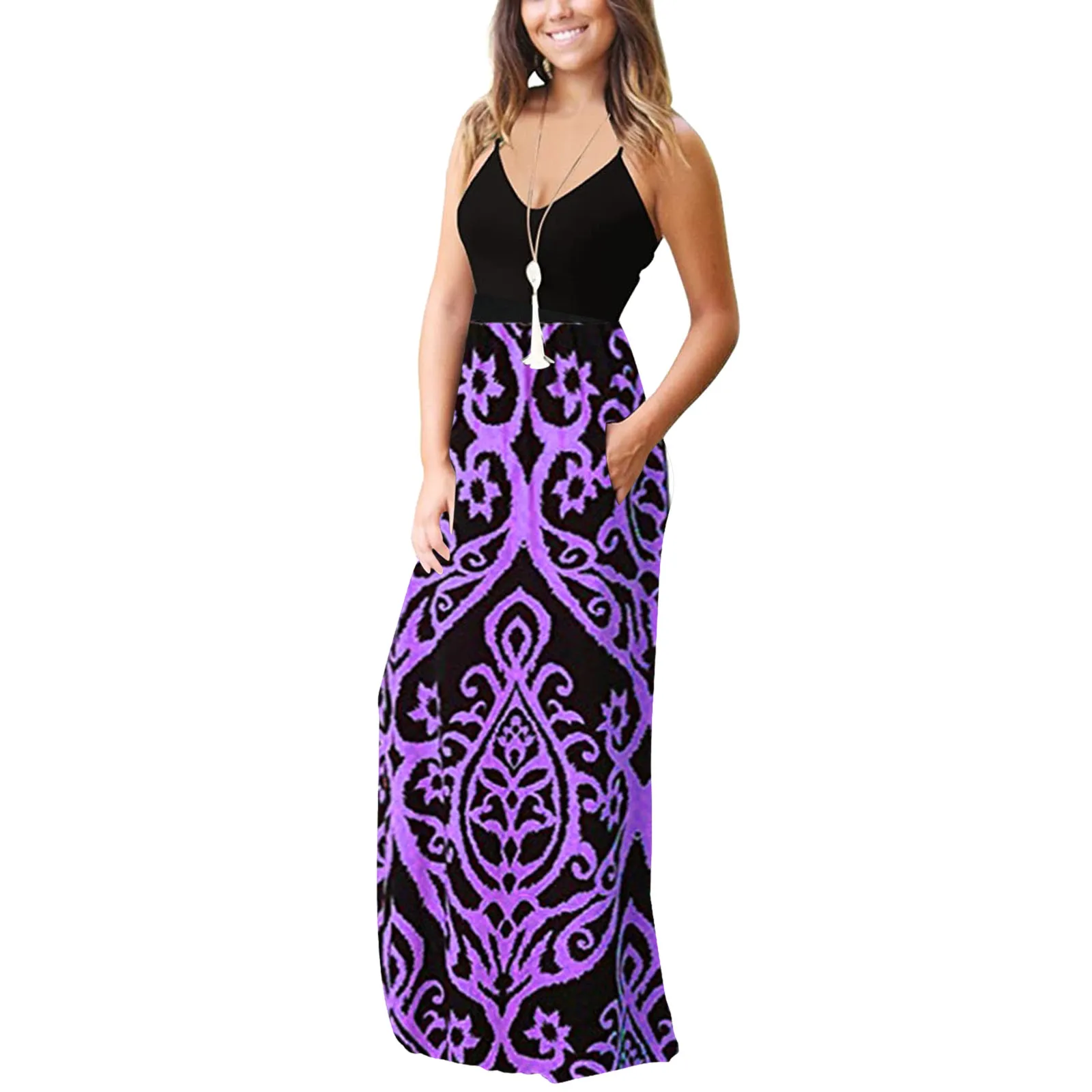 

summer dress Women Sleeveless Print V-neck Maxi Dress Party Cami Dress with Pockets Beach Dresses vestidos de mujer casual