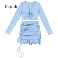 2020 Long Sleeve Bandage Cardigan Sexy Crop Top Skirt 2 Piece Set Autumn Winter Women Fashion Ruched Ruffles Tracksuit