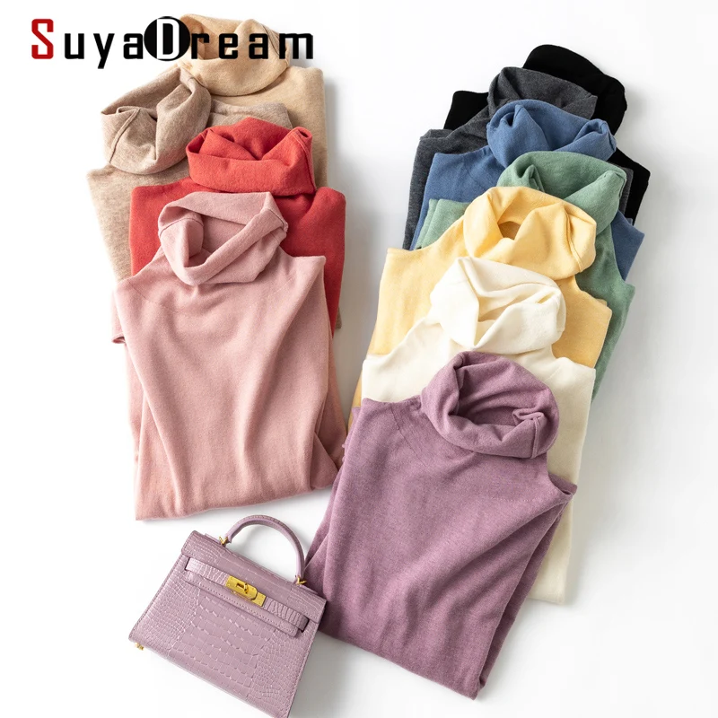 SuyaDream Women Winter Sweaters 100%Wool Turtleneck Plain Pullovers 2021 Fall Winter Comfortable Basic Sweaters for Woman