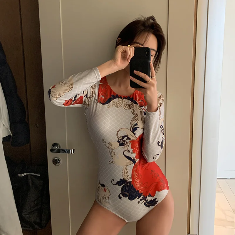 Цельный купальник с принтом и открытой спиной женский купальный костюм длинным