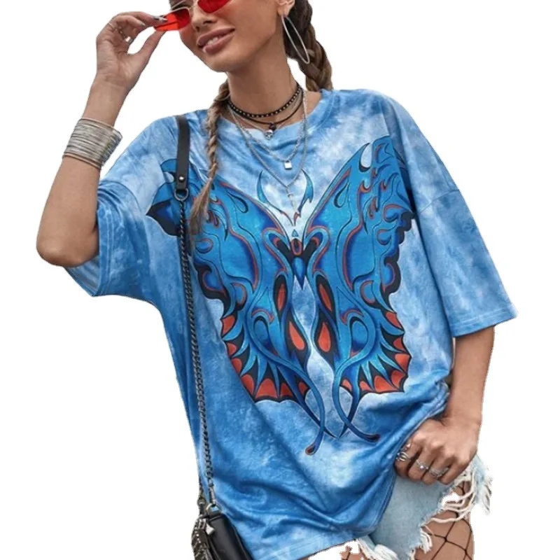 

2021 Women's Fashion Casual Top Big Butterfly Print Contrast Short Sleeve O-neck Outdoor Temperament Ladies T-shirt