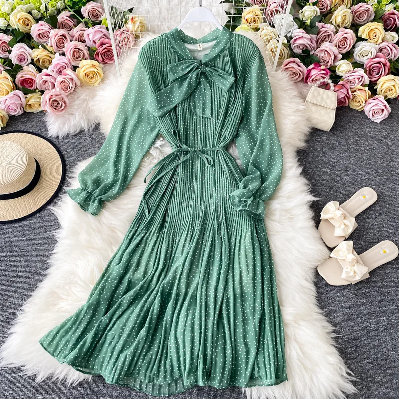 

Ladies Spring Summer New 2021 Chiffon Bandge Vintage Print Dress Stand Neck Petal Sleeve fairy Chic Women's Dress