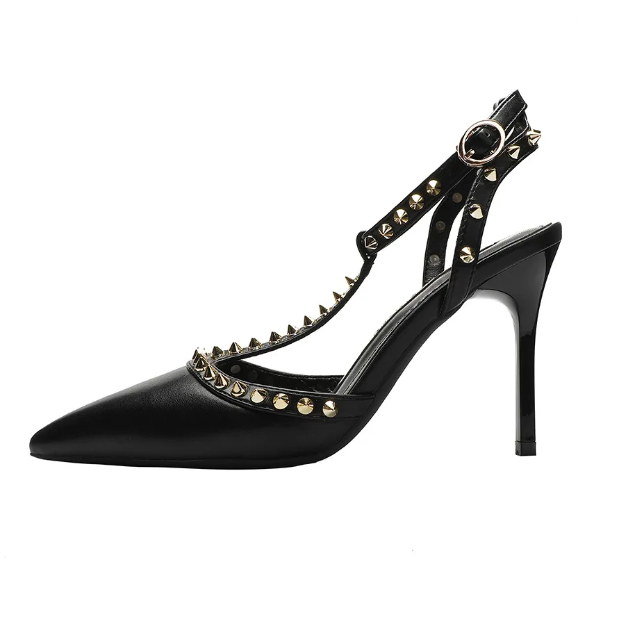 Женские туфли на тонком высоком каблуке с острым носком и заклепками| |