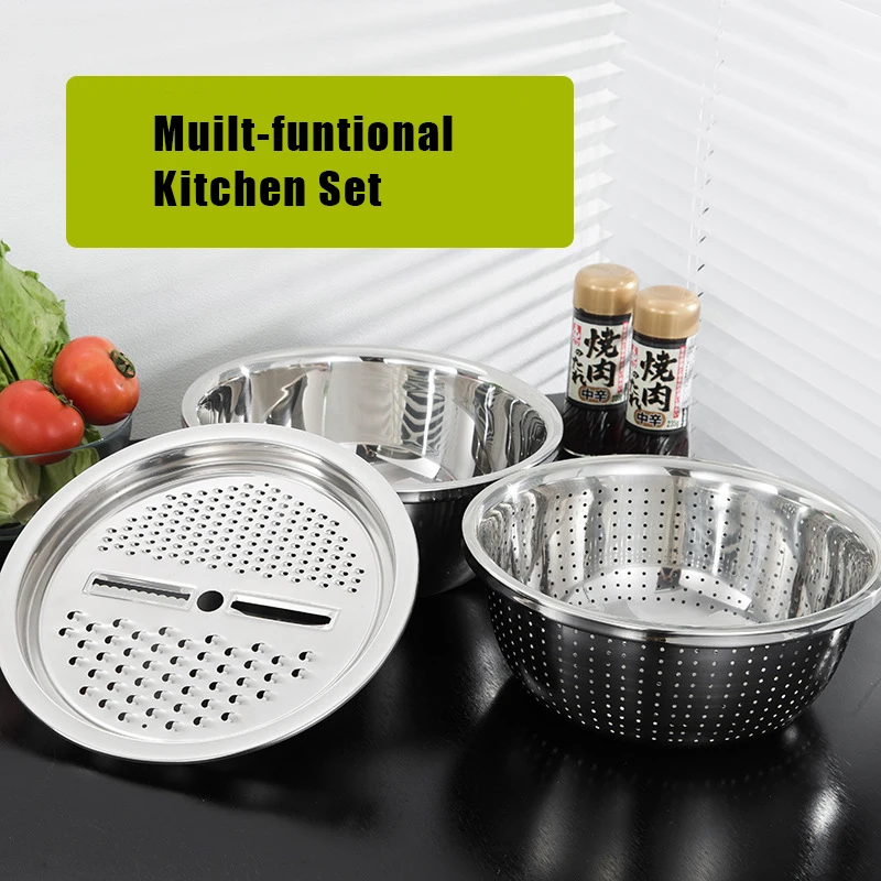 

3pcs stainless steel pot vegetable cutter slicer drain basket sieve Colanders Kitchen Tool grater strainer Rice Washing Filter