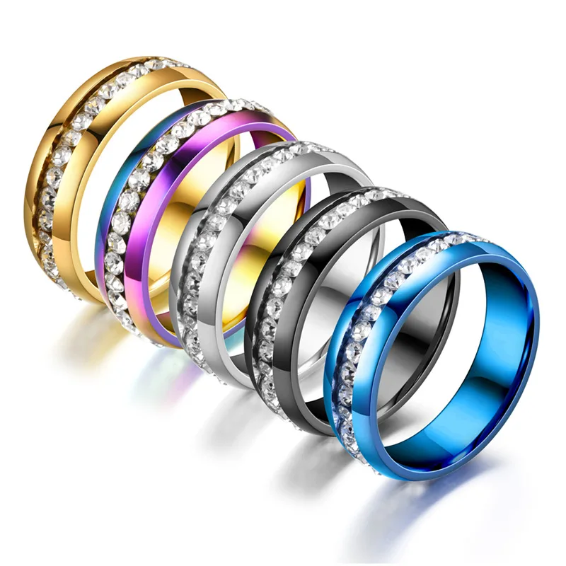 

20Pcs US Size 5-13 Hip Hop 6mm Width Crystal Rings 316L Stainless Steel Rings For Womens Men Lovers Gifts Trends Classic Jewelry