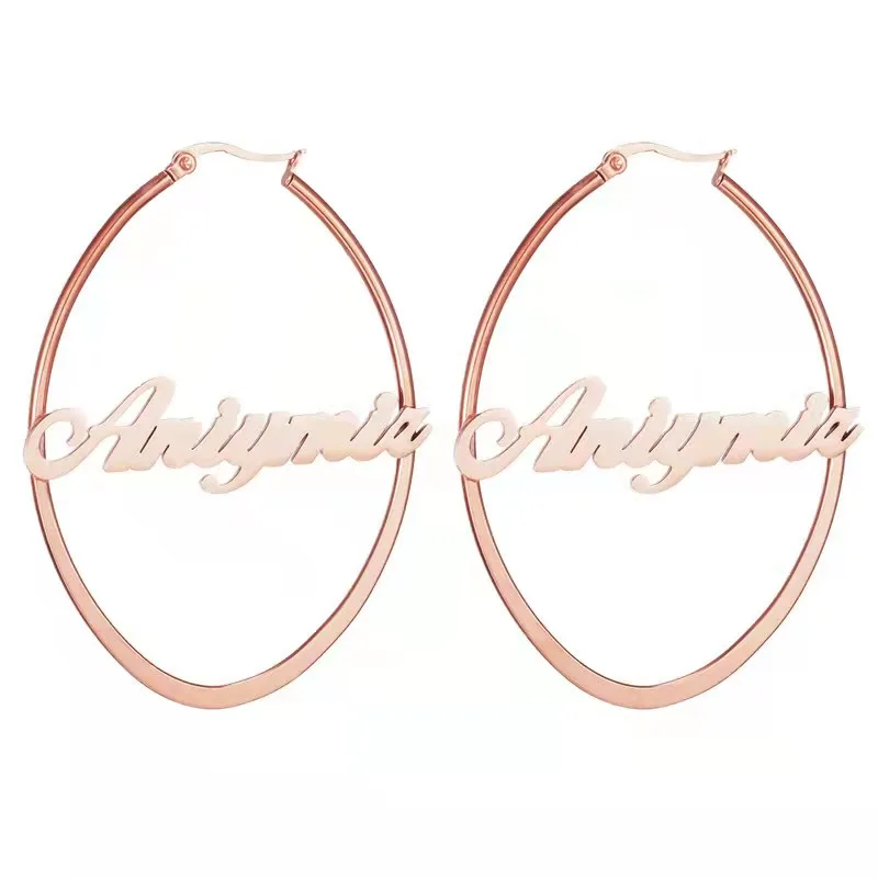 

Customized Name Earrings Stainless Steel Personalized Letter Bamboo Earrings Oval Big Earrings For Women Girl Chirstmas Gift