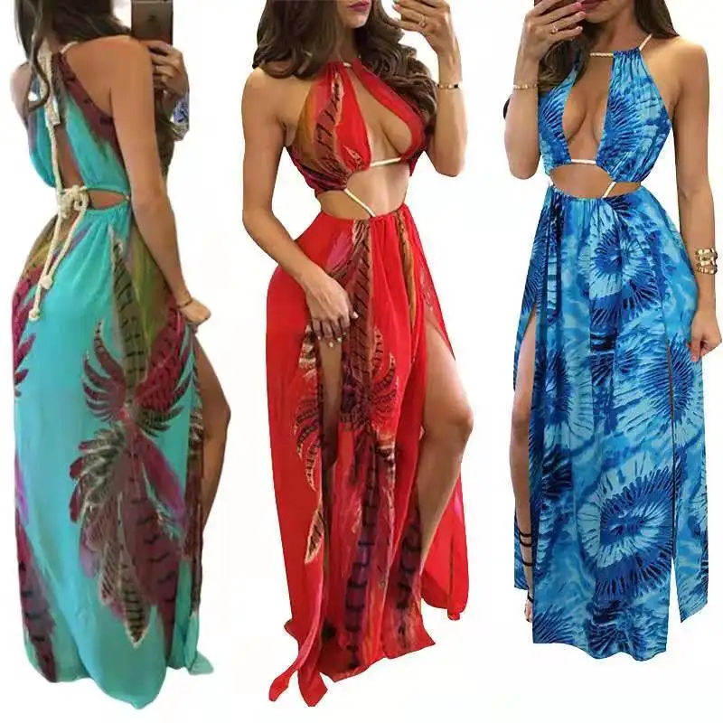 

2021 Summer High Quality Hot Sale Fashion New Women's Bohemian Flower Beach Party Split Neck Casula Dress for Ladies BC004