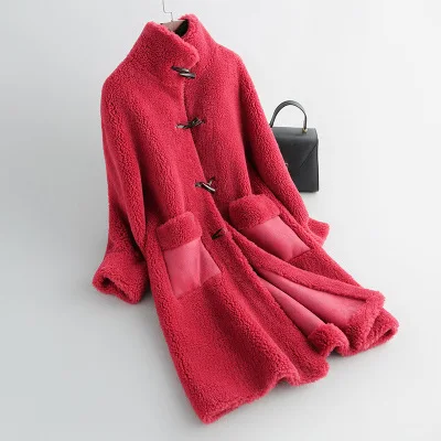 red Длинная оторочка из овечьей шерсти, пальто, женская,, зимняя новая оторочка из овечьей шерсти, один длинный рукав, теплое пальто с мехом, hh00110 - Цвет: red
