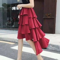 japan style vintage red pleated skirt women skirt new irregular ruffles femme jupe high waist ruffle mid length chiffon skirts