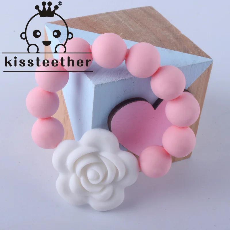 

Kissteether Rose Flower Beads Baby Teether Bracelet Silicone Ring Natural Teething Toy Toddler Teether Newborn Baby Shower Gift