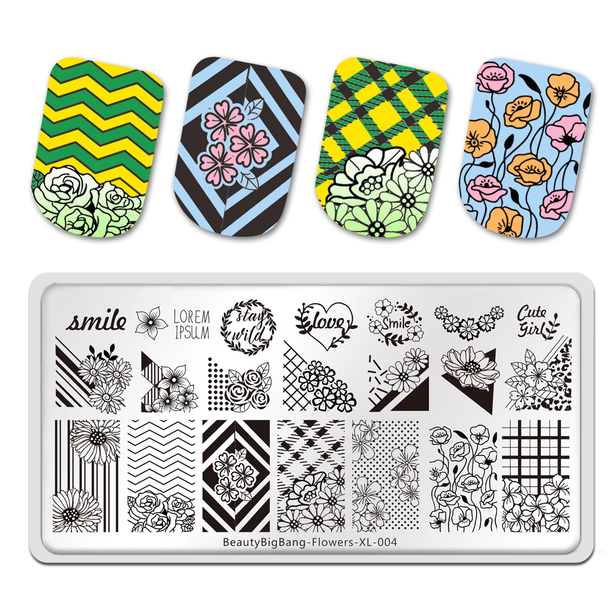 

BeautyBigBang Stamping Plates Flower XL-004 Smile Love Geometry Image Stainless Steel 12*6cm Nail Art Stencil Stamp Template