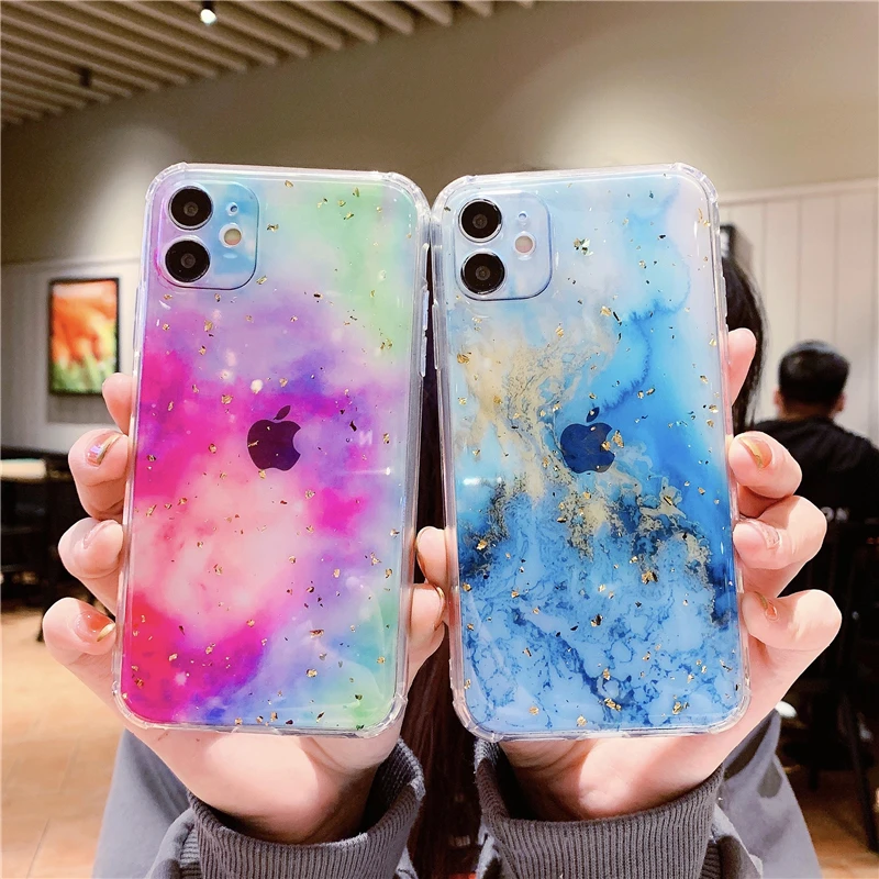 

Stylish Shockproof Flash Blue Marble Phone Case For iPhone 12Mini 12Pro MAX 12 TPU Transparent Fine Hole Back Cover Coque Gift