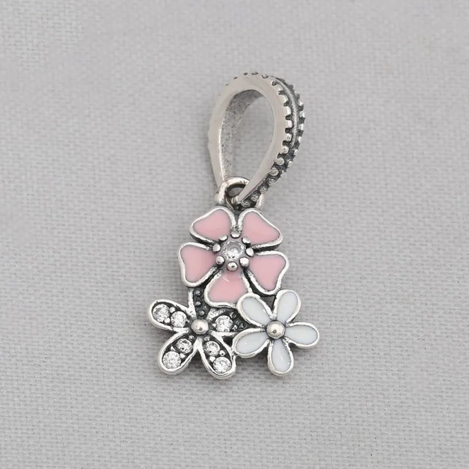 

Authentic S925 Silver Dangle Charm Spring Poetic Blooms With Crystal Bead fit Lady Bracelet DIY Jewelry