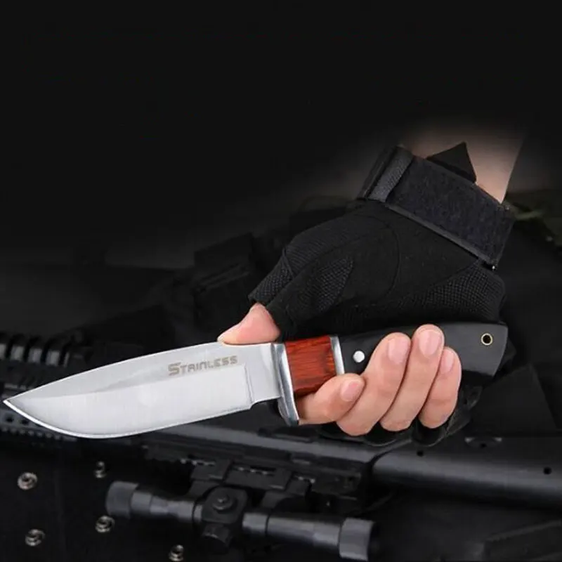 

Dropship 7cr17mov Steel Fixed Blade Knife Color Wooden Handle Straight Knife Outdoor Camping Knife With Cowhide Knife Hungting
