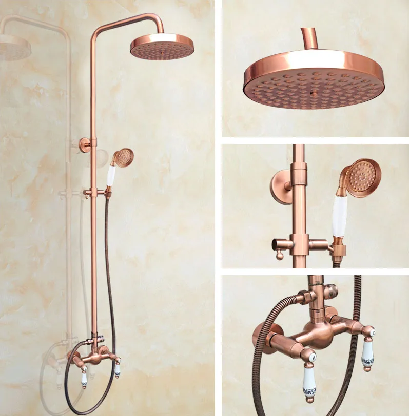

Antique Red Copper Wall Mounted 7.7 Inch Rain Bathroom Rainfall Shower Faucet Set Double Handle Hand Spray Head Mixer Tap 2rg555