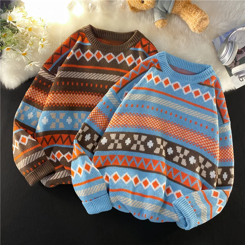 

Fashion Trend Sweater Autumn And Winter Tide Brand Hong Kong Style Retro Color Matching Hip-hop Long-sleeved Pullover Jacket