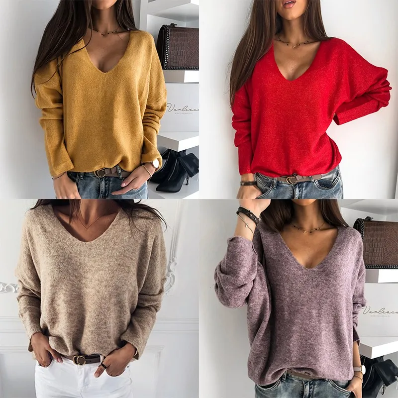 

Women Sweater Fashion Autumn Winter Warm Solid Color Long Sleeved V Collar Loose Pullover Knitted Tops Bottom Sweater 4 Colors